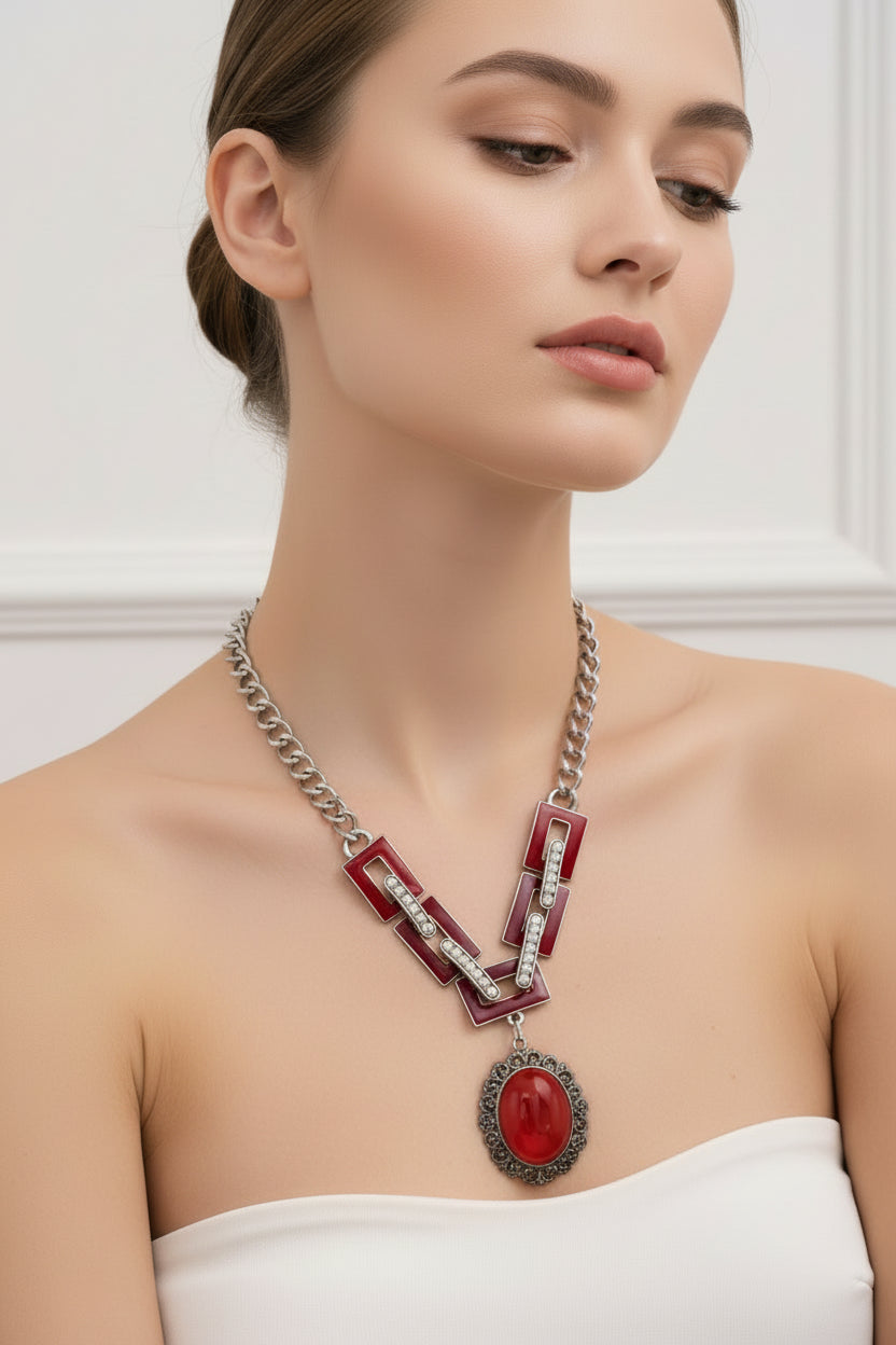 Red pendant metal necklace