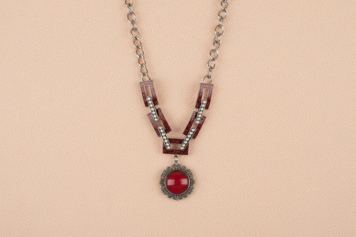 Red pendant metal necklace