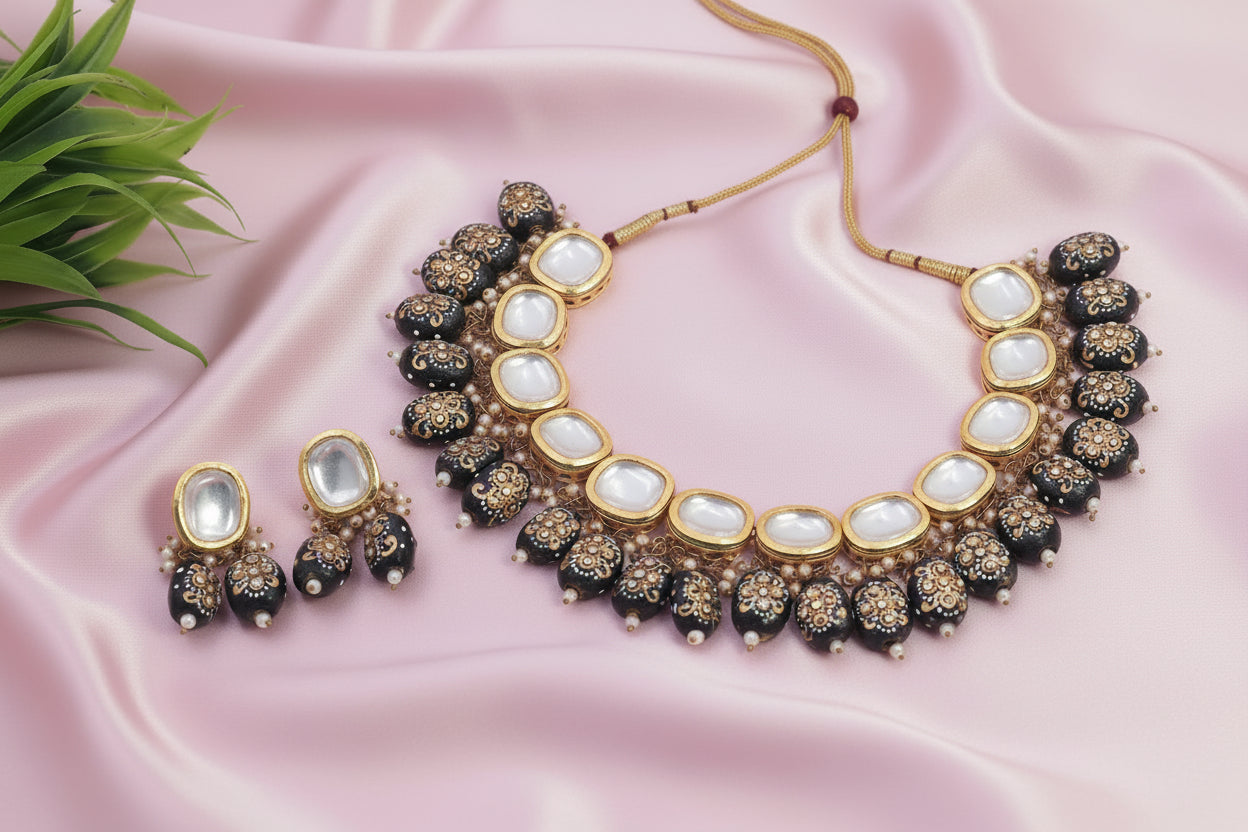 Kundan necklace with blue beads meenakari