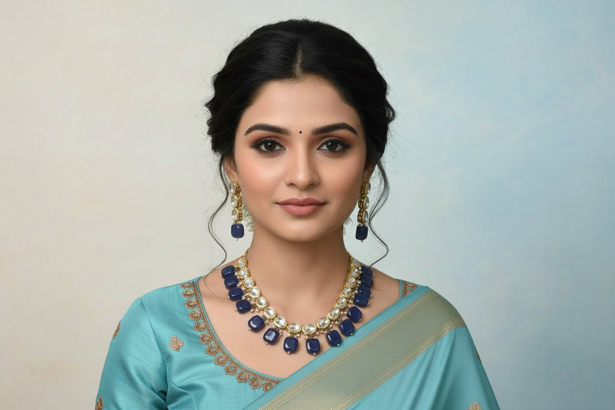 Kundan necklace set with blue beads