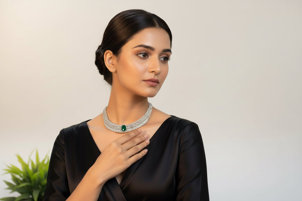 White diamond necklace with green gemstone