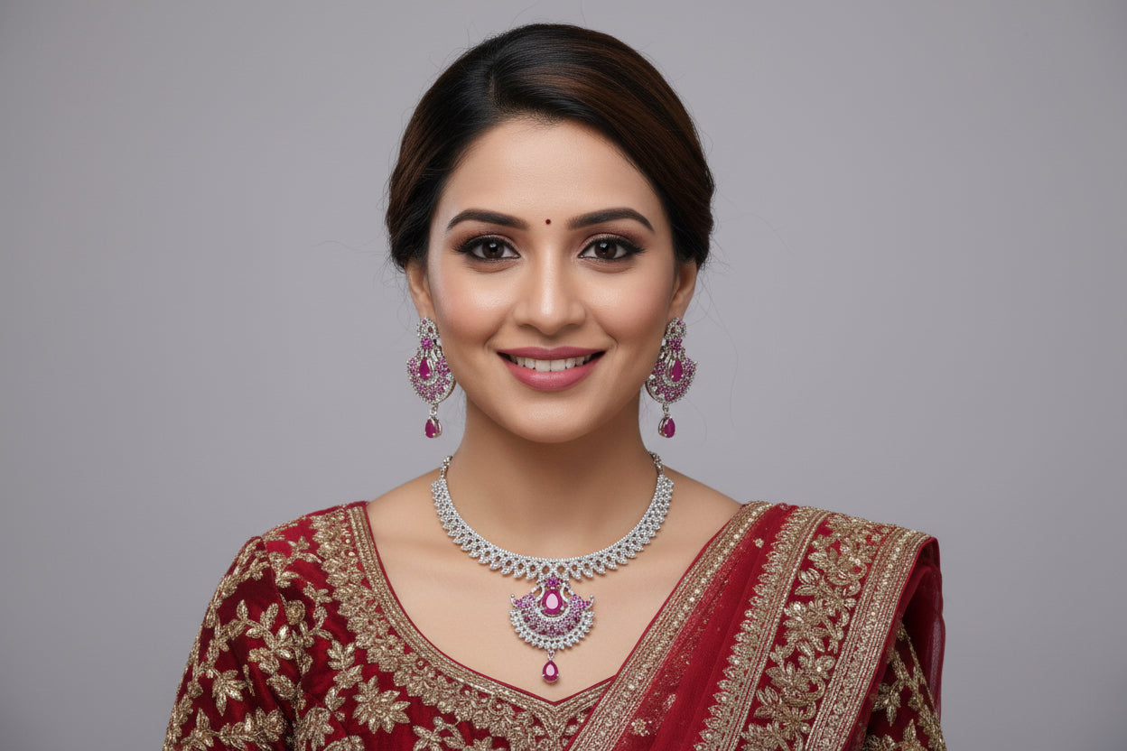 Diamond necklace set with pink stones