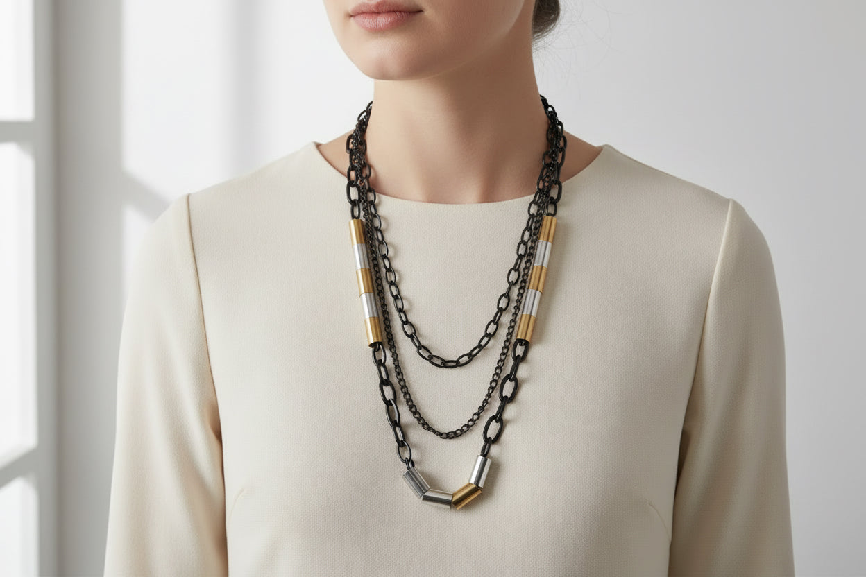 Black and golden chain necklace long