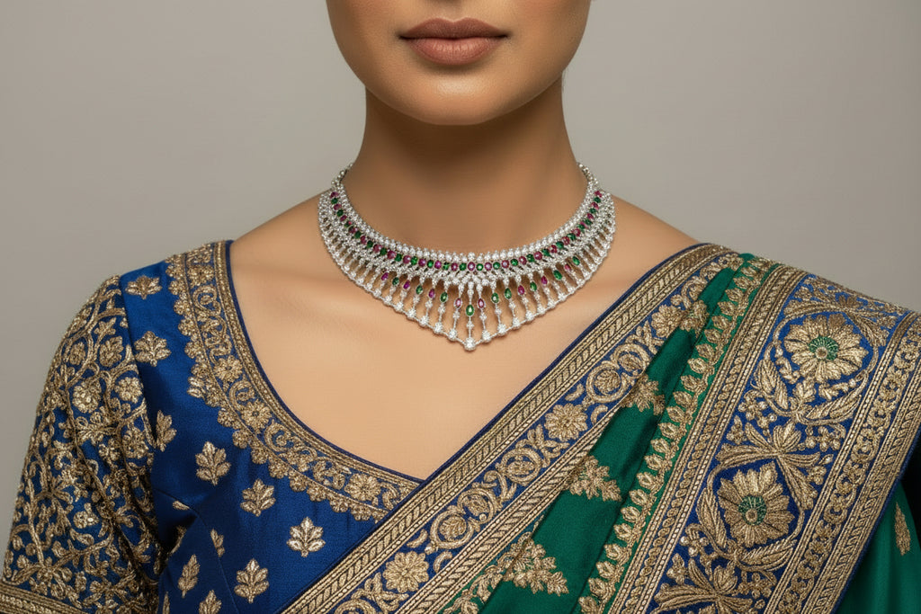 AD necklace set with Green and Pink Stone