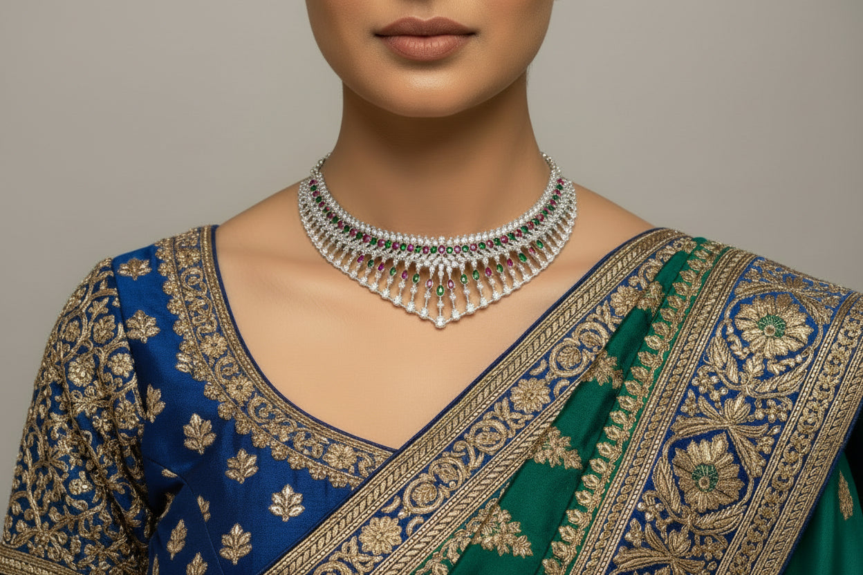 AD necklace set with Green and Pink Stone