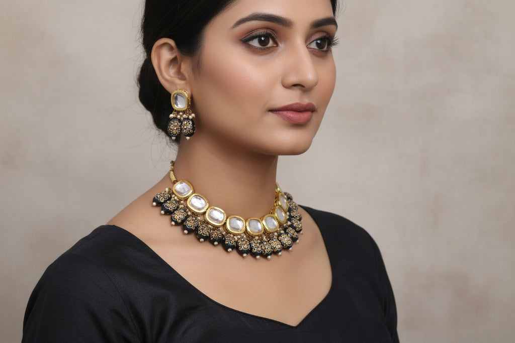 Kundan necklace with blue beads meenakari