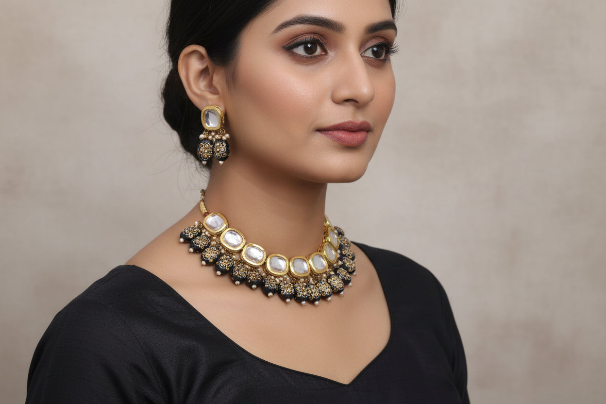 Kundan necklace with blue beads meenakari